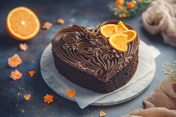 Chocolate heart cake, orange slices, dark background, romantic setting, dessert photography