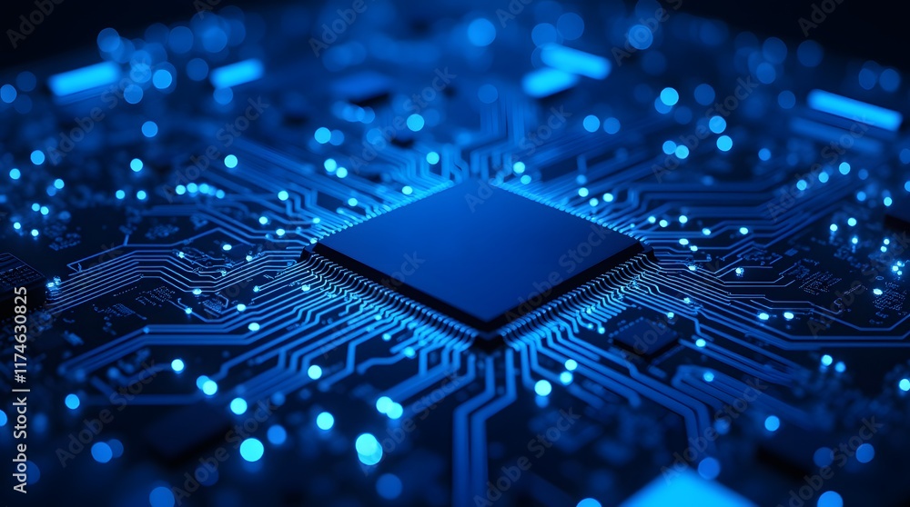 Poster glowing blue microchip: a close-up view of advanced technology's intricate design.