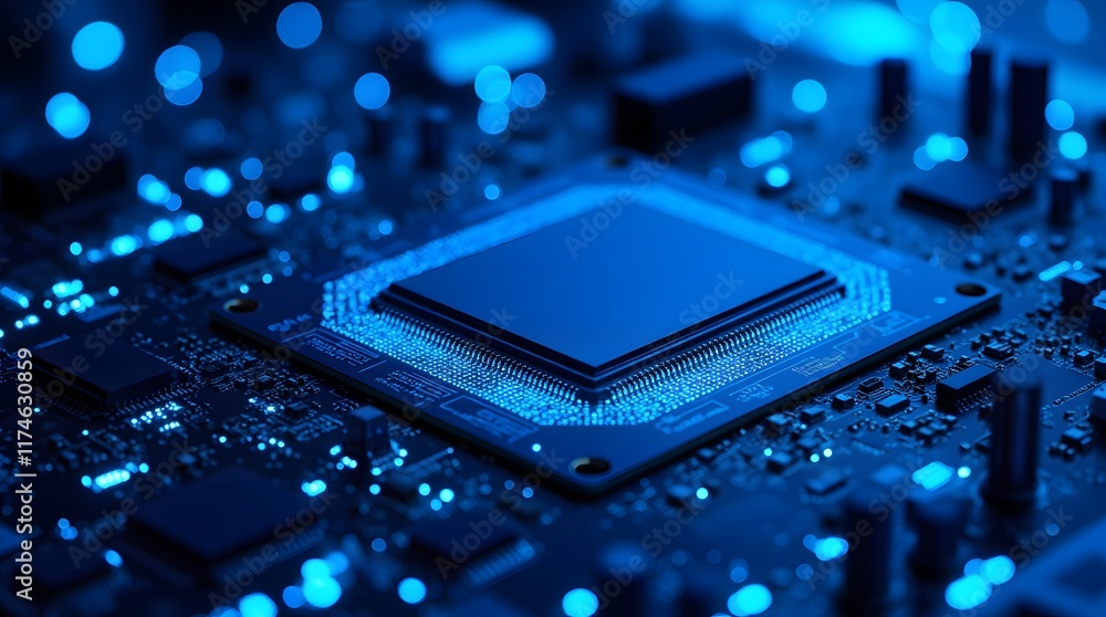 Poster close-up of a powerful computer processor, glowing blue, intricate circuitry visible, technological 