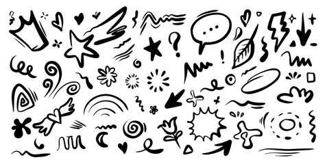 Hand drawn set elements, black on white background. Arrow, heart, love, star, leaf, sun, light, flower, crown, king, queen,Swishes, swoops, emphasis ,swirl, heart, for concept design.