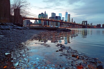 Fototapeta premium Lower Manhattan skyline and Brooklyn bridge in New York City with generative ai