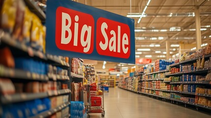 Big Sale Sign Hanging In Grocery Store Aisle
