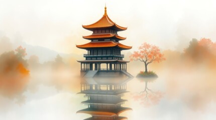 Serene autumn pagoda on misty lake, tranquil landscape, peaceful zen garden.