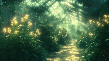 Obraz premium Sunlit path in overgrown greenhouse with lush foliage and flowering plants.