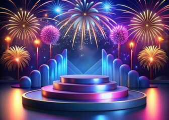 fireworks over the city with product display podium element with 3d realistic chinese new year ornament and glitter light effect decoration and bokeh.