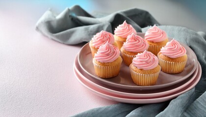 Delicious mini cupcakes with pink creamy frosting