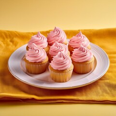 Delicious mini cupcakes with pink creamy frosting on yellow background