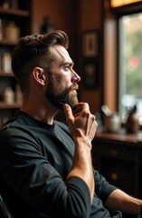 A man grooming his beard in a barber shop, free space for text on the side