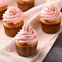 Delicious mini cupcakes with pink creamy frosting