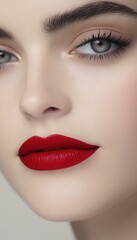 Fototapeta premium Close-up of a woman's face, showcasing flawless makeup with a bold red lipstick and subtle eye makeup.