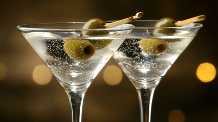 Two martini glasses filled with a clear liquid and garnished with olives.