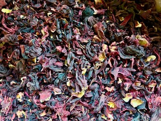 Closeup of colorful dried hibiscus petals with intricate textures