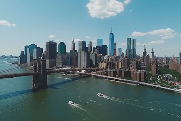 Obraz premium Lower Manhattan skyline and Brooklyn bridge in New York City with generative ai