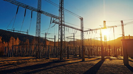 power grid with golden sunlight energy on electric poles