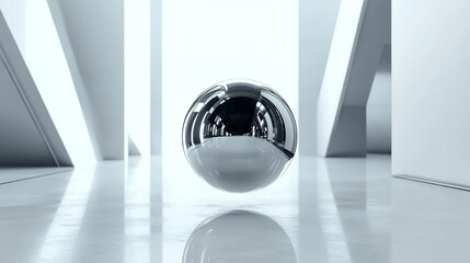 Levitating Metallic Sphere in a Clean, White Environment Reflecting Light and Subtle Shapes