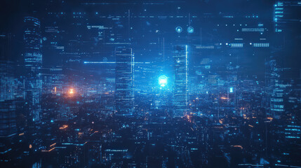 digital network connection with city in abstract view