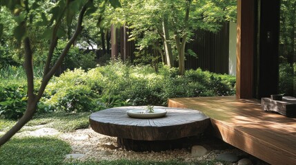 Japanese Garden with Wooden Table and Lush Greenery