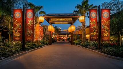 Fototapeta premium Traditional Festive Entrance Gate with Large Lanterns and Banners
