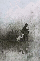 Naklejka premium Boy and heron fishing together