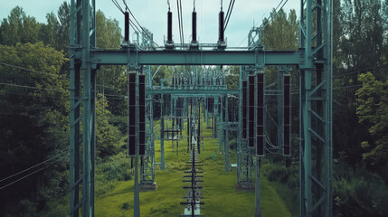 Fototapeta premium Electric grid, renewable energy storage with forest view