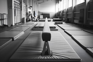 A black and white image shows a balance beam in a gymnastics training facility. Multiple mats line the floor on either side, providing safety. The gym appears spacious and wellequipped.