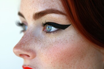 Obraz premium Close-up of a woman's eye with winged eyeliner and freckles. Red hair visible at the side.