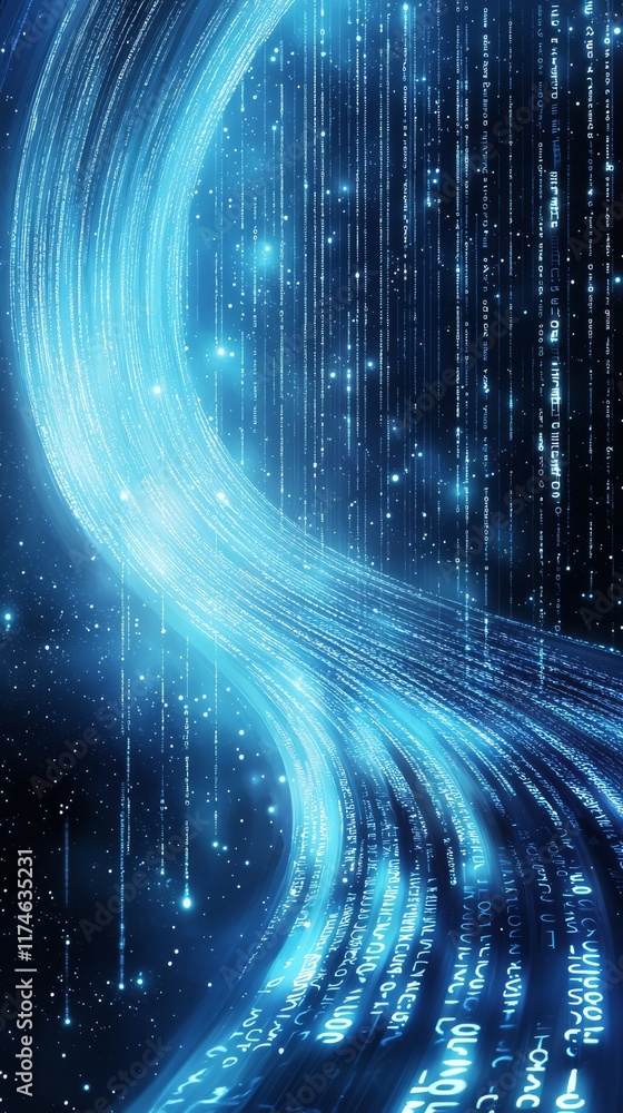 Poster digital stream: a mesmerizing digital depiction of binary code streams forming a flowing, dynamic vi