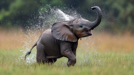 A playful baby elephant splashes water joyfully in a lush, green environment.