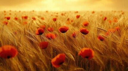 Fototapeta premium Sunset over golden wheat field with vibrant red poppies.