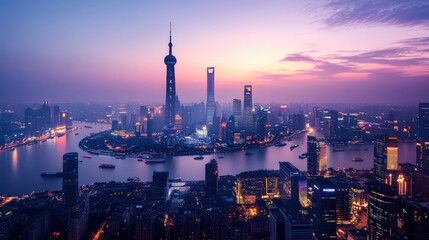 Naklejka premium City at night with lights of skyscraper building, view is impressive