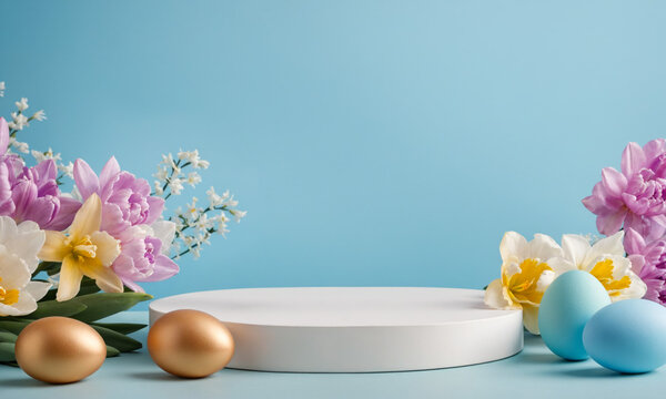 Empty podium on a blue background with easter decorations easter eggs and flowers. Platform or stage for product placement, montage, promotion, sale, shopping. Happy Easter mock up with copy space. - Powered by Adobe