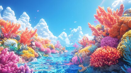 Naklejka premium Vibrant Coral Reef Paradise: A Sunlit Underwater Scene