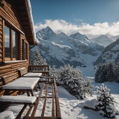 A snow-laden balcony on a Swiss chalet.