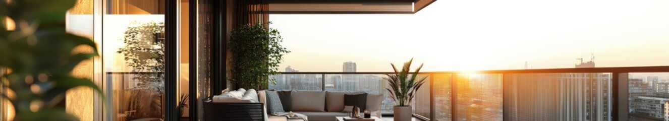 Urban Oasis at Sunset: A serene balcony overlooking a cityscape at sunset, featuring modern furniture and lush potted plants, creating a tranquil urban escape.