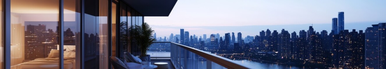 Urban Skyline Panorama from Balcony:  A breathtaking panoramic view of a modern city skyline at dawn, as seen from a luxurious apartment balcony.