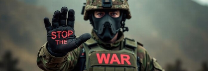 a military man in equipment, wearing a bulletproof vest, his face is not visible in a mask, raised his hand in front of him, spread his fingers, on the patch in front of him it says STOP THE WAR