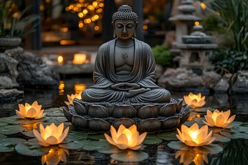 Fototapeta premium Tranquil Buddha Statue in a Lotus Pond