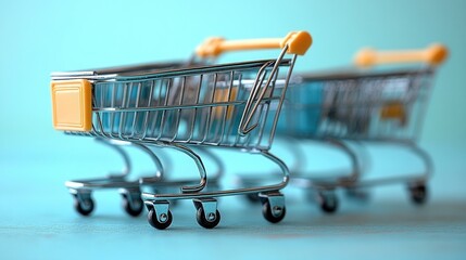 Two miniature shopping carts on a blue background.