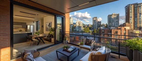 Urban Oasis Balcony: A modern, stylish balcony overlooks a vibrant cityscape.  The open-plan design seamlessly connects indoor and outdoor living spaces.