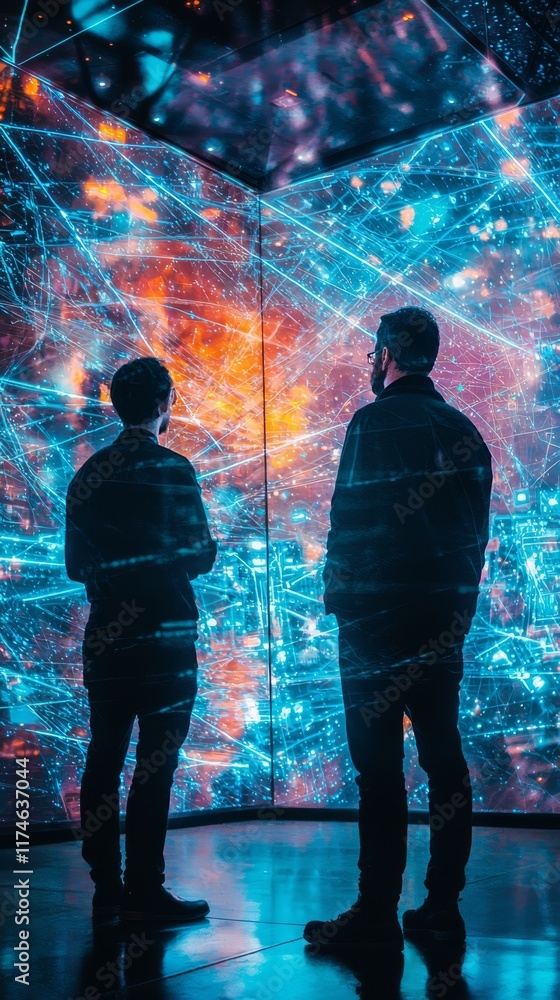 Poster data analysts studying network: two figures, silhouetted against a vibrant, abstract display of inte