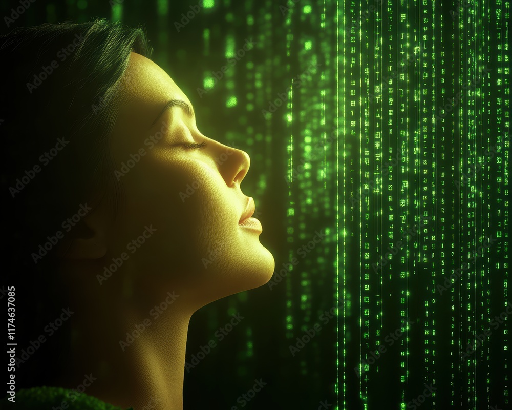 Poster green matrix digital woman profile with soft features and serene expression