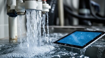 A tablet is sitting in a bathtub filled with water