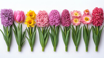 Obraz premium A stunning collection of colorful spring flowers including tulips and daffodils arranged on a white background, perfect for adding charm and brightness to various designs