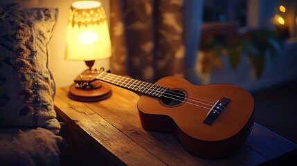 Ukulele rests on a wooden bedside table next to a lamp