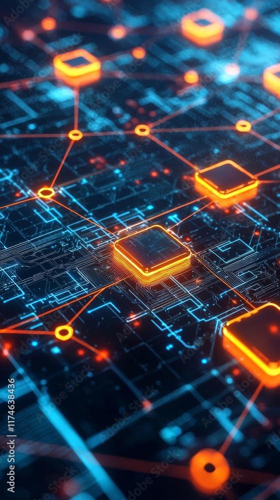 Poster glowing circuit board: abstract close-up of a futuristic circuit board with glowing orange and blue 
