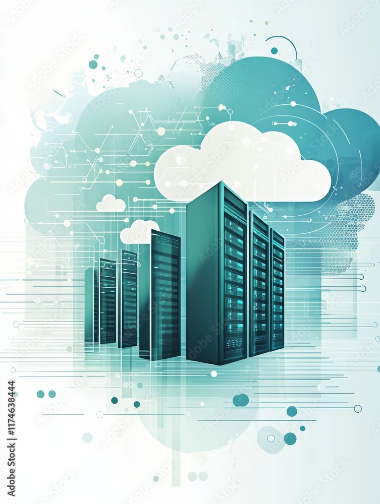 Poster cloud computing data center: a futuristic illustration depicting a cluster of powerful servers conne