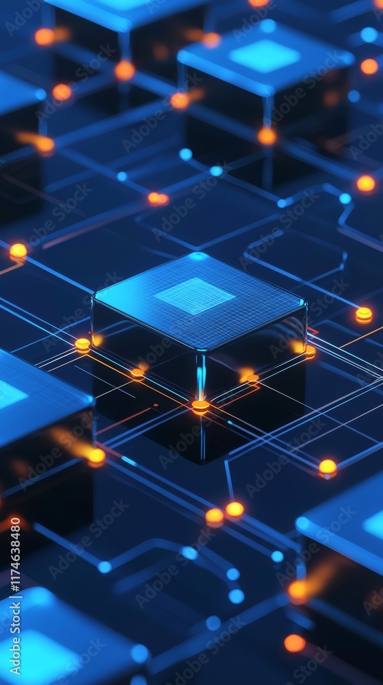 Poster abstract digital network: glowing blue and orange nodes connect in a complex, three-dimensional netw