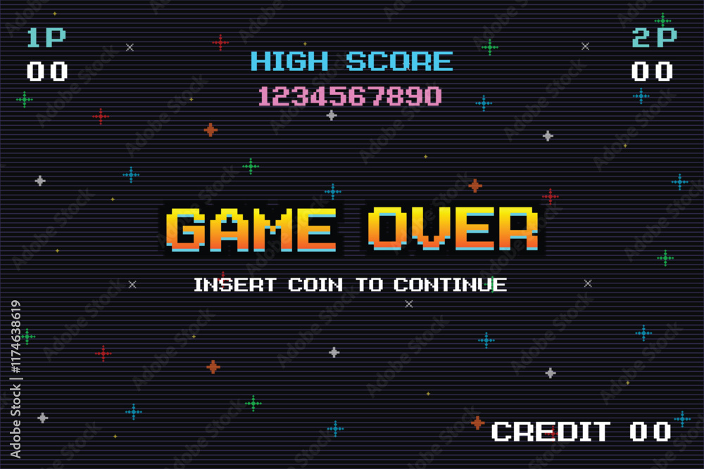Poster game over, retro games for game assets in retro futuristic sci-fi background vector illustration. gl