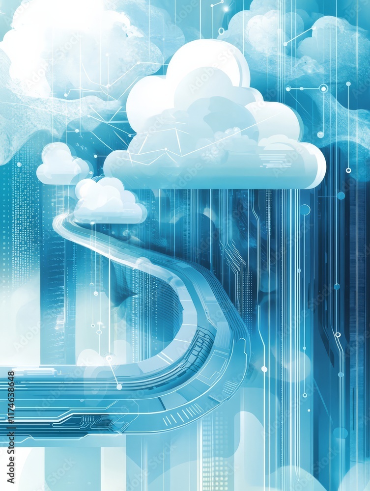 Poster cloud computing pathway: a futuristic abstract concept depicting a digital road winding its way thro