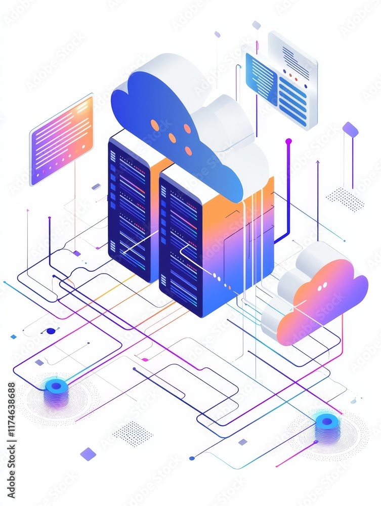 Poster cloud computing network: a vibrant isometric illustration depicting a robust cloud computing network